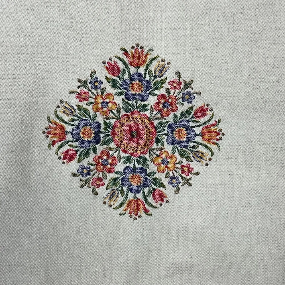 Vintage Jacquard Austrian Folk Art Square Tablecloth Bavarian Dancers Florals